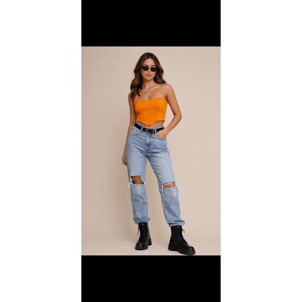 Lena Strapless Corset Top Orange Bustier Frayed Edge Y2K Festival Crop Top Small